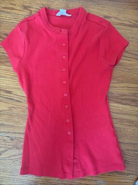Glassons Red Ribbed Button-Front Short Sleeve Top size S
